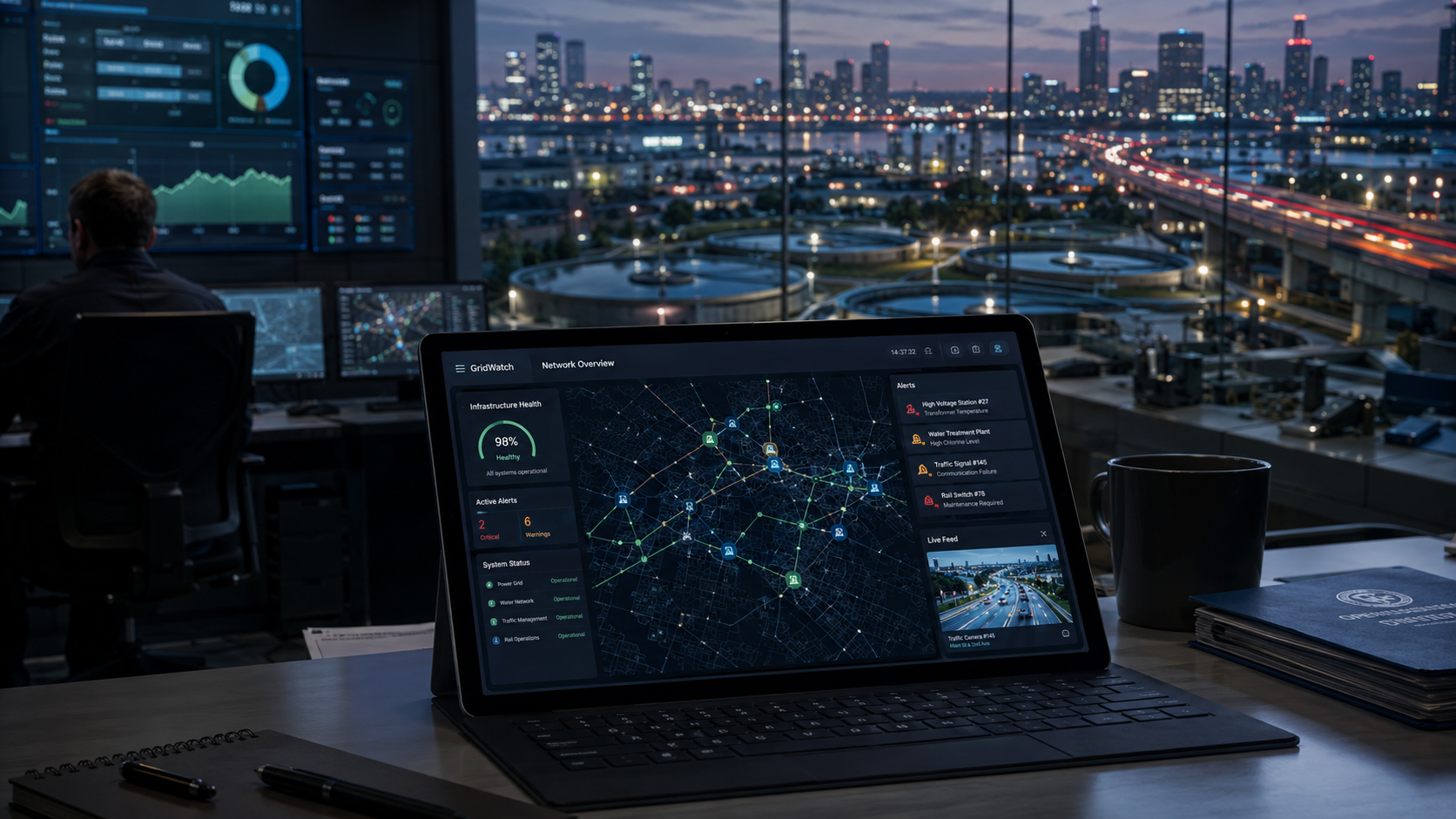 Control room monitors showing power, transport and water network status over a city skyline at dusk